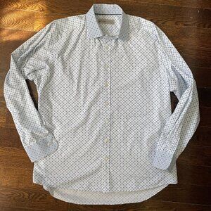 Etro long-sleeve button-up Cotton shirt White with Blue Squares-Sz. 44-XL